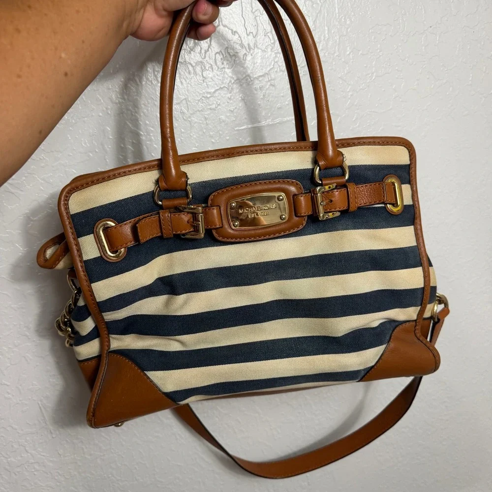 Michael Kors Hamilton Satchel Navy Cream Striped Canvas Leather Trim Handbag